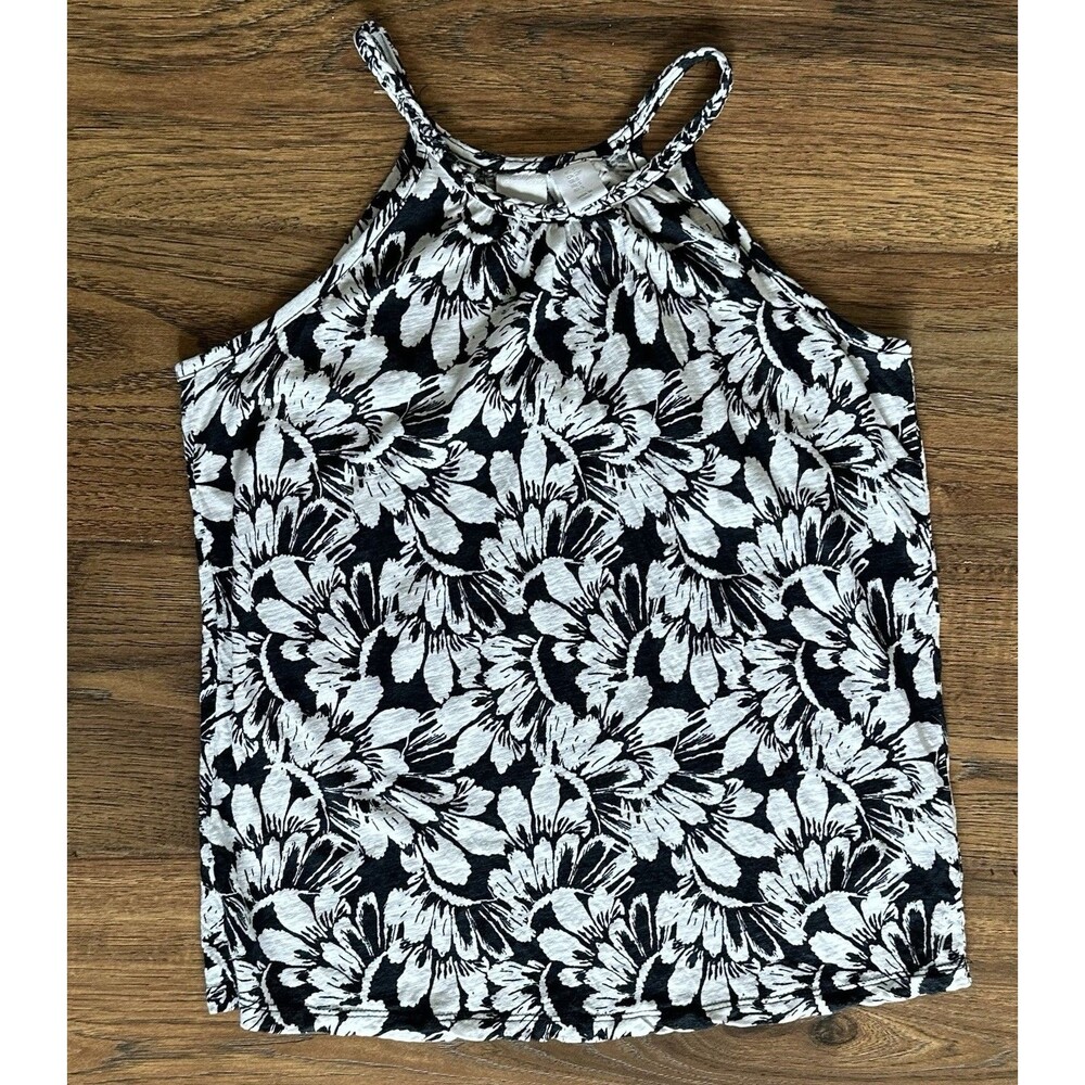 C&C California Linen Blend Floral Tank Top Black White Sleeveless S